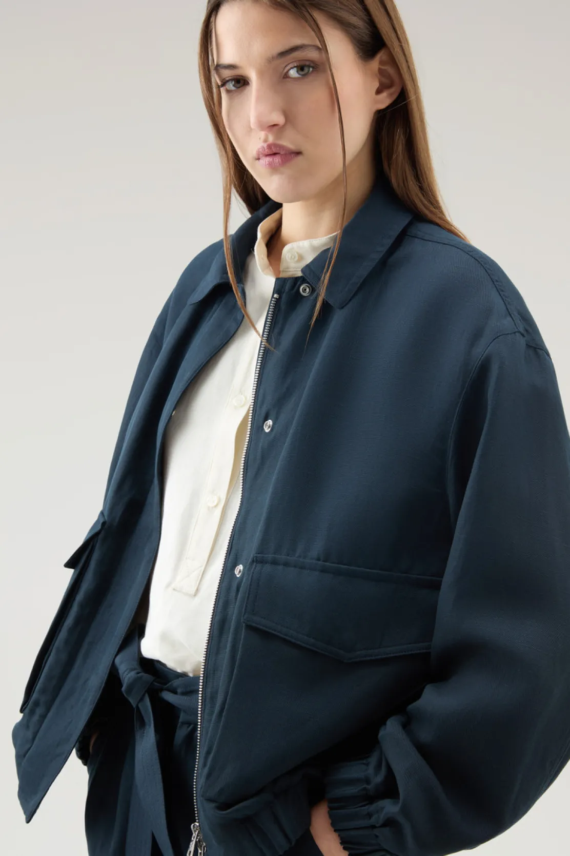 Bomber>Woolrich Bomber In Misto Lino Melton Blue