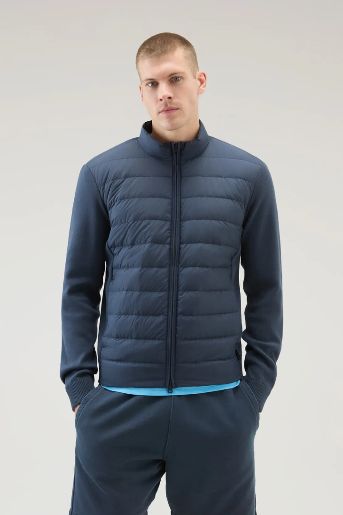 Bomber>Woolrich Bomber Sundance Ibrido In Microfibra E Maglia Di Cotone Melton Blue