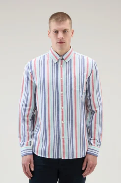 Camicie>Woolrich Camicia A Righe In Misto Cotone E Lino Red Stripe