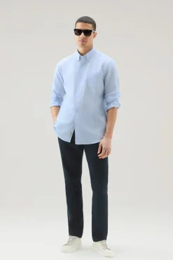 Camicie>Woolrich Camicia A Righe In Misto Cotone E Lino Alaskan Blue Stripe