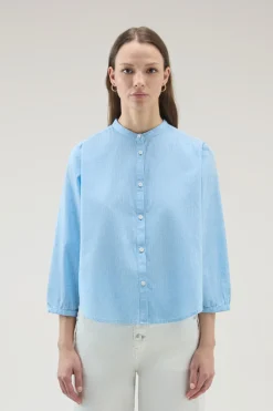 Camicie e giacche a camicia>Woolrich Camicia Alla Coreana In Misto Lino E Cotone Sea Breeze