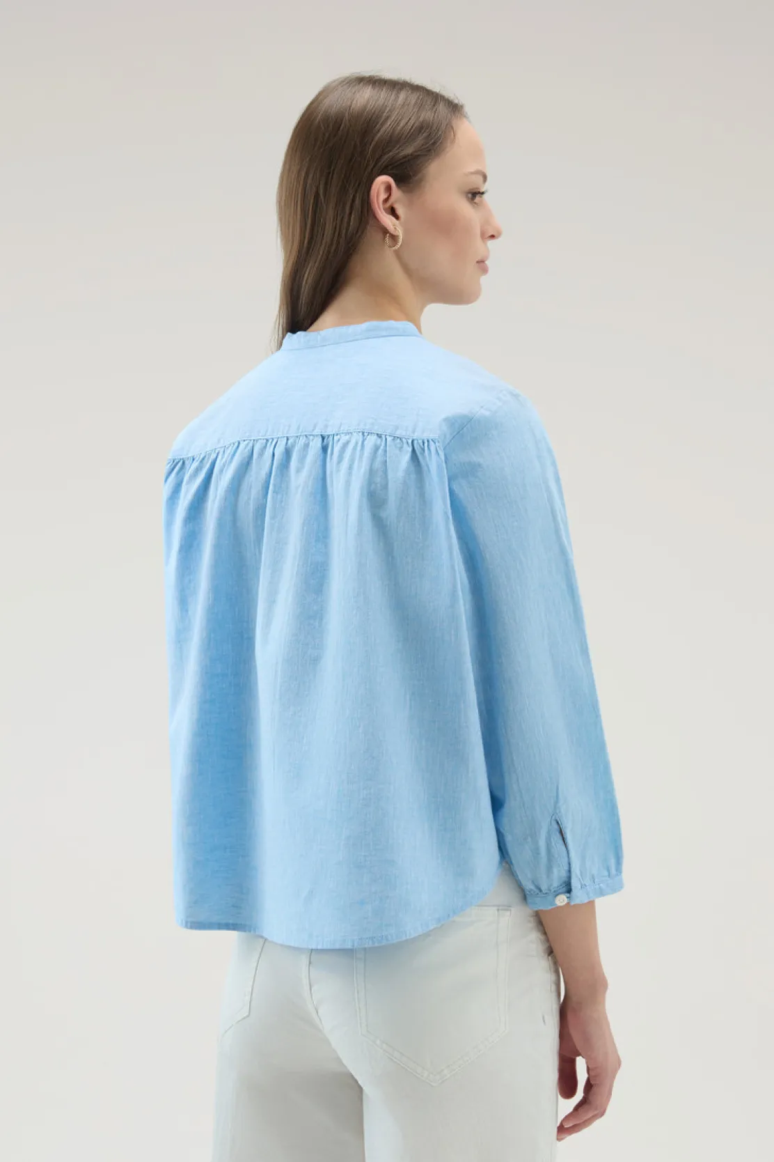 Camicie e giacche a camicia>Woolrich Camicia Alla Coreana In Misto Lino E Cotone Sea Breeze
