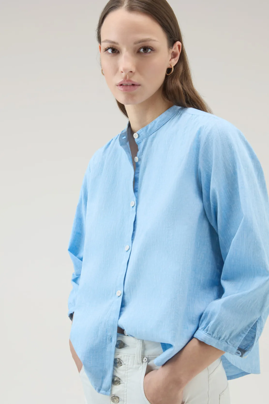 Camicie e giacche a camicia>Woolrich Camicia Alla Coreana In Misto Lino E Cotone Sea Breeze