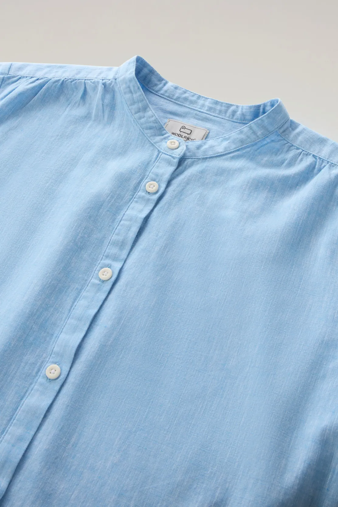 Camicie e giacche a camicia>Woolrich Camicia Alla Coreana In Misto Lino E Cotone Sea Breeze