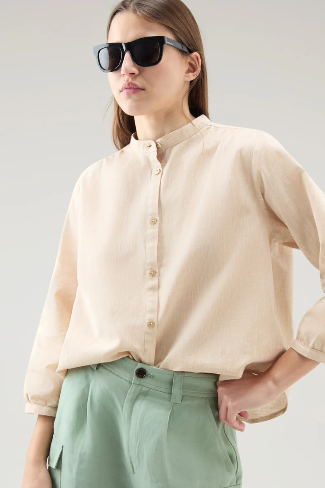 Camicie e giacche a camicia>Woolrich Camicia Alla Coreana In Misto Lino E Cotone Light Oak