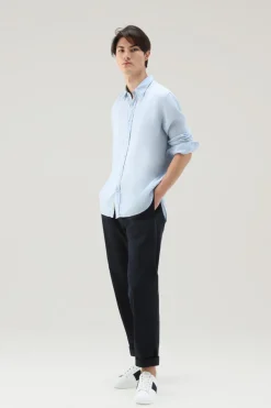 Camicie>Woolrich Camicia In Puro Lino Tinta In Capo Pale Indigo