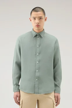 Camicie>Woolrich Camicia In Puro Lino Tinta In Capo Sage