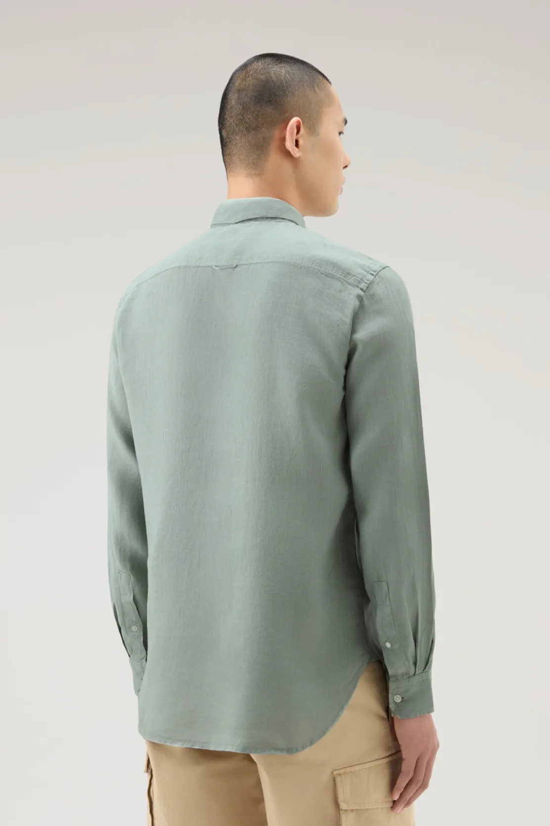 Camicie>Woolrich Camicia In Puro Lino Tinta In Capo Sage