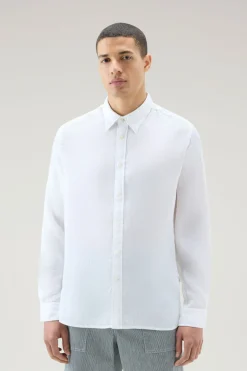 Camicie>Woolrich Camicia In Puro Lino Tinta In Capo Bright White