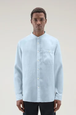 Camicie>Woolrich Camicia In Puro Lino Tinta In Capo Con Colletto Alla Coreana Pale Indigo
