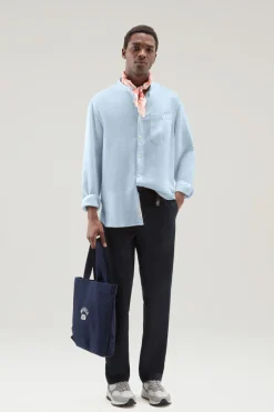 Camicie>Woolrich Camicia In Puro Lino Tinta In Capo Con Colletto Alla Coreana Pale Indigo