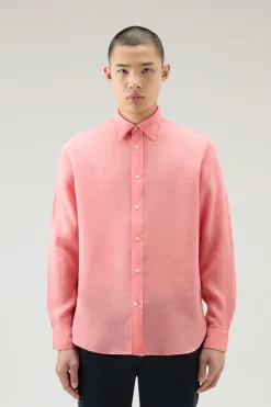 Camicie>Woolrich Camicia In Puro Lino Tinta In Capo Coral Sand