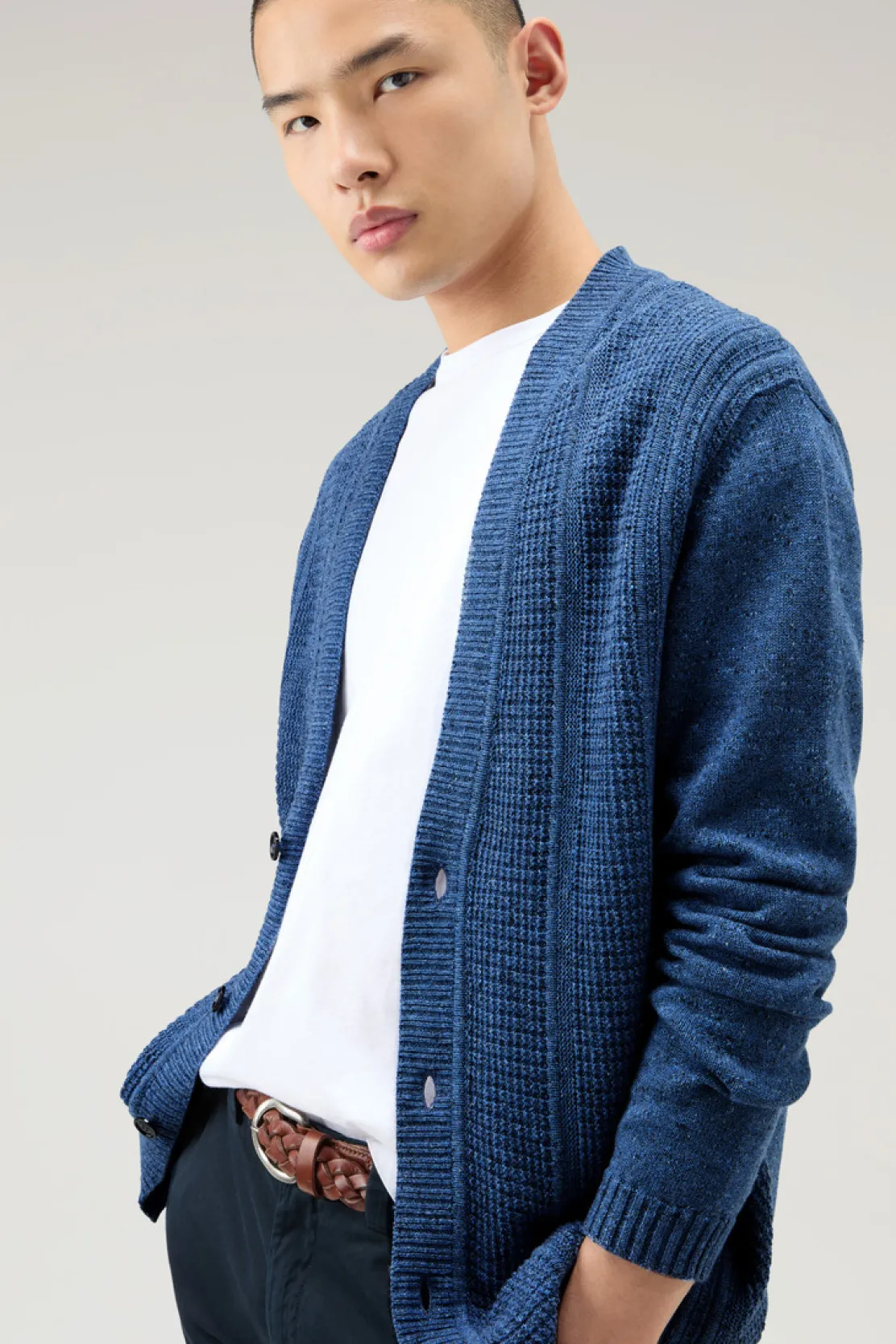 Maglieria>Woolrich Cardigan In Misto Cotone E Lino Indigo