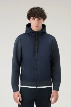 Felpe>Woolrich Felpa Con Cappuccio Ibrida In Misto Cotone Con Zip Melton Blue