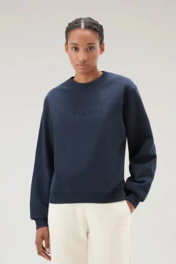 Felpe>Woolrich Felpa Girocollo Con Logo Ricamato Melton Blue