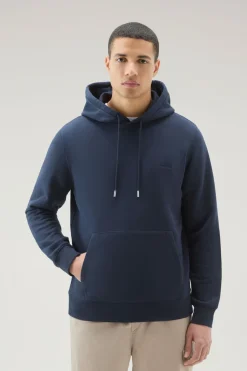 Felpe>Woolrich Felpa In Misto Cotone Con Cappuccio E Logo Ricamato Melton Blue
