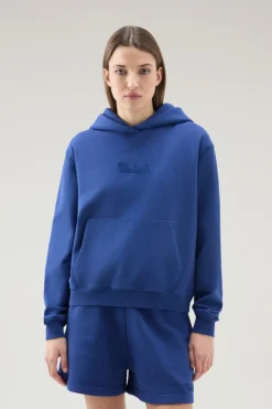 Felpe>Woolrich Felpa In Puro Cotone Con Cappuccio E Logo Ricamato Twilight Blue