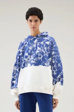 Felpe>Woolrich Felpa In Puro Cotone Con Stampa E Cappuccio Twilight Blue Wave