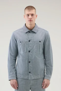 Giacche a camicia>Woolrich Giacca A Camicia A Righe In Misto Cotone Blue Stripe