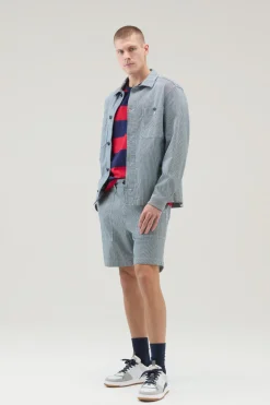 Giacche a camicia>Woolrich Giacca A Camicia A Righe In Misto Cotone Blue Stripe