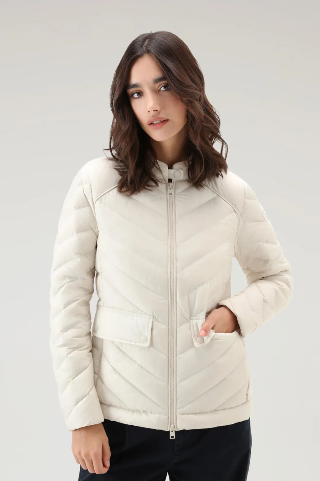 Piumini leggeri>Woolrich Giacca Corta Imbottita Con Trapuntatura Chevron Milky Cream