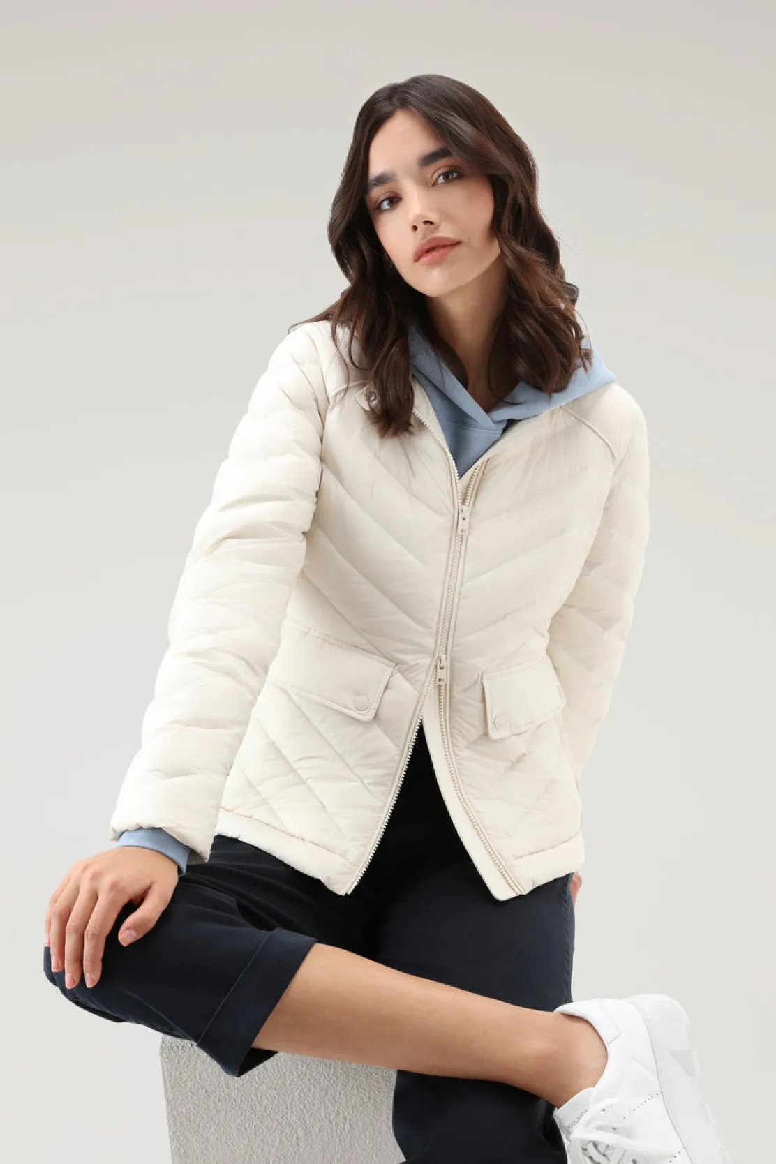 Piumini leggeri>Woolrich Giacca Corta Imbottita Con Trapuntatura Chevron Milky Cream