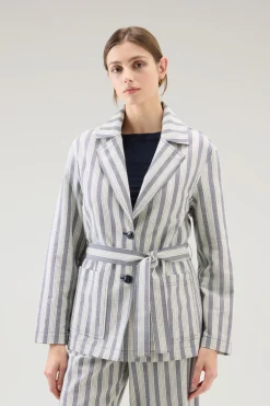 Camicie e giacche a camicia>Woolrich Giacca Marine In Cotone E Lino Melton Blue Stripe