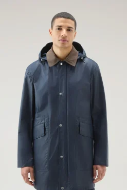 Cappotti>Woolrich Giacca Waxed Con Cappuccio Staccabile Melton Blue
