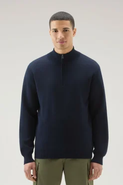 Maglieria>Woolrich Maglia A Collo Alto Con Mezza Zip Melton Blue