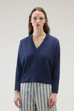 Maglieria>Woolrich Maglia Con Scollo A V In Cotone E Cashmere Maritime Blue