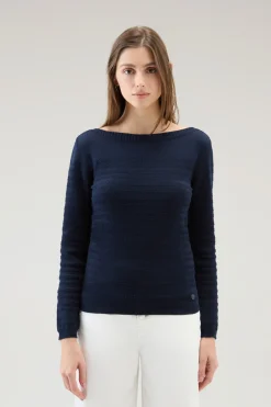 Maglieria>Woolrich Maglia In Puro Cotone Con Scollo A Barca Melton Blue