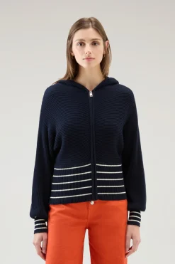 Maglieria>Woolrich Maglia In Puro Cotone Con Cappuccio E Zip Melton Blue Cream Stripe