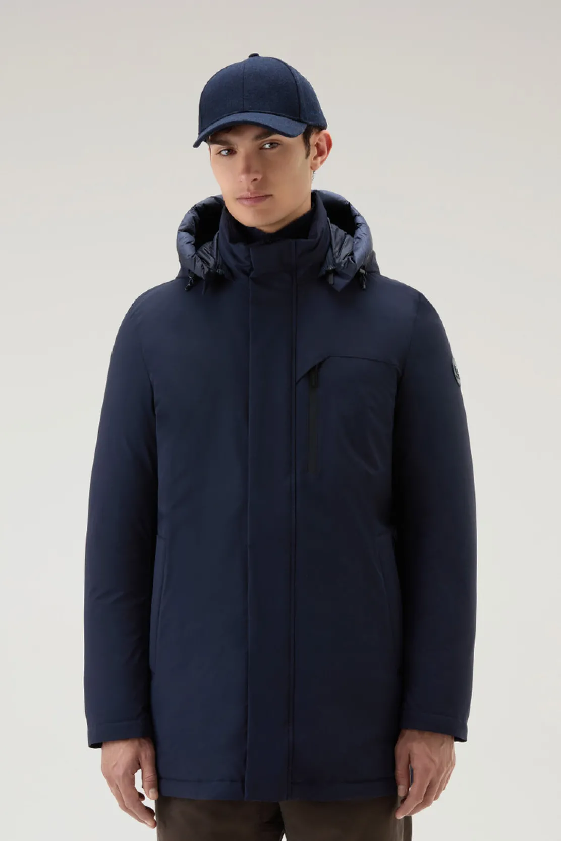 Impermeabili|Parka>Woolrich Mountain Parka In Nylon Elasticizzato Melton Blue