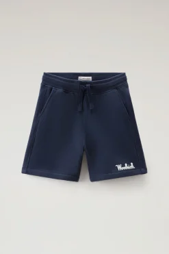 Abbigliamento>Woolrich Pantaloncini Da Bambino In Puro Cotone Felpato Con Coulisse Melton Blue