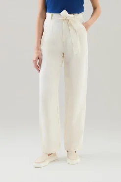 Pantaloni e pantaloncini>Woolrich Pantaloni In Misto Lino Con Cintura In Tessuto Plaster White