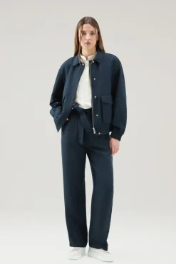 Pantaloni e pantaloncini>Woolrich Pantaloni In Misto Lino Con Cintura In Tessuto Melton Blue