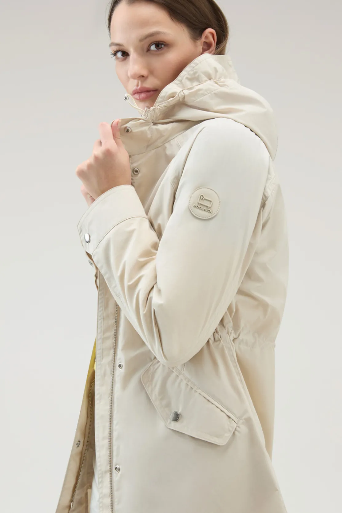 Parka>Woolrich Parka Estivo Lungo In Tessuto Urban Touch Con Cappuccio Light Oak