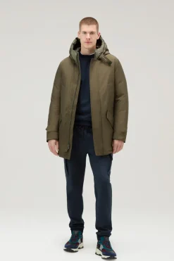 Parka>Woolrich Polar Parka In Ramar Cloth Con Collo Alto Dark Green
