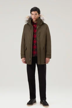 Parka>Woolrich Polar Parka In Ramar Cloth Con Collo Alto E Bordo In Pelliccia Dark Green
