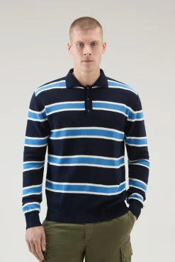 Maglieria>Woolrich Polo In Maglia A Maniche Lunghe Melton Blue Stripe