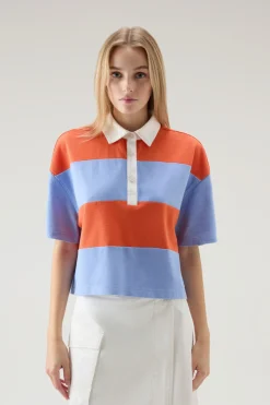 T-shirt e polo>Woolrich Polo In Piquet Di Puro Cotone A Righe Sea Breeze Stripe