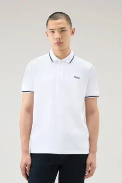 Polo>Woolrich Polo Monterey In Piquet Di Cotone Elasticizzato Con Bordi A Righe Bright White