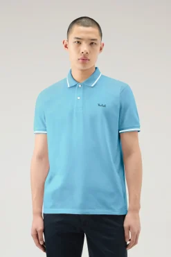 Polo>Woolrich Polo Monterey In Piquet Di Cotone Elasticizzato Con Bordi A Righe Alaskan Blue