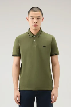 Polo>Woolrich Polo Monterey In Piquet Di Cotone Elasticizzato Con Bordi A Righe Lake Olive