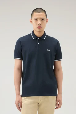 Polo>Woolrich Polo Monterey In Piquet Di Cotone Elasticizzato Con Bordi A Righe Melton Blue