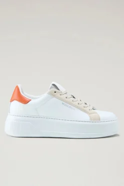 Sneakers>Woolrich Sneakers Chunky Court In Pelle Con Dettagli A Contrasto White Beige