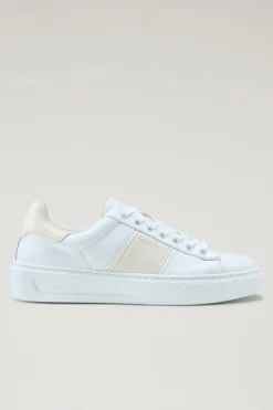 Sneakers>Woolrich Sneakers Classic Court In Pelle Con Banda A Contrasto White Cream