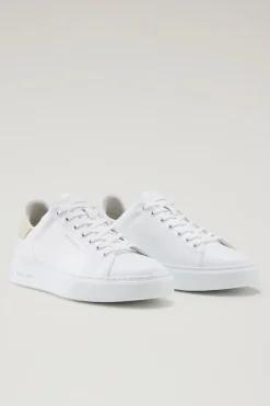Sneakers>Woolrich Sneakers Classic Court In Pelle Con Toppa A Contrasto White Beige