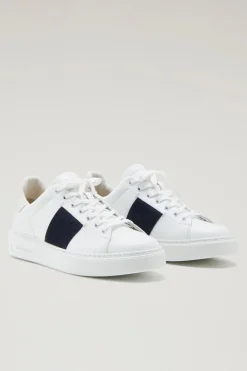 Sneakers>Woolrich Sneakers Classic Court In Pelle Con Banda In Pelle Scamosciata White Indaco