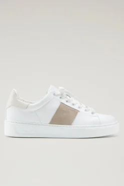 Sneakers>Woolrich Sneakers Classic Court In Pelle Con Banda In Pelle Scamosciata White  Cream